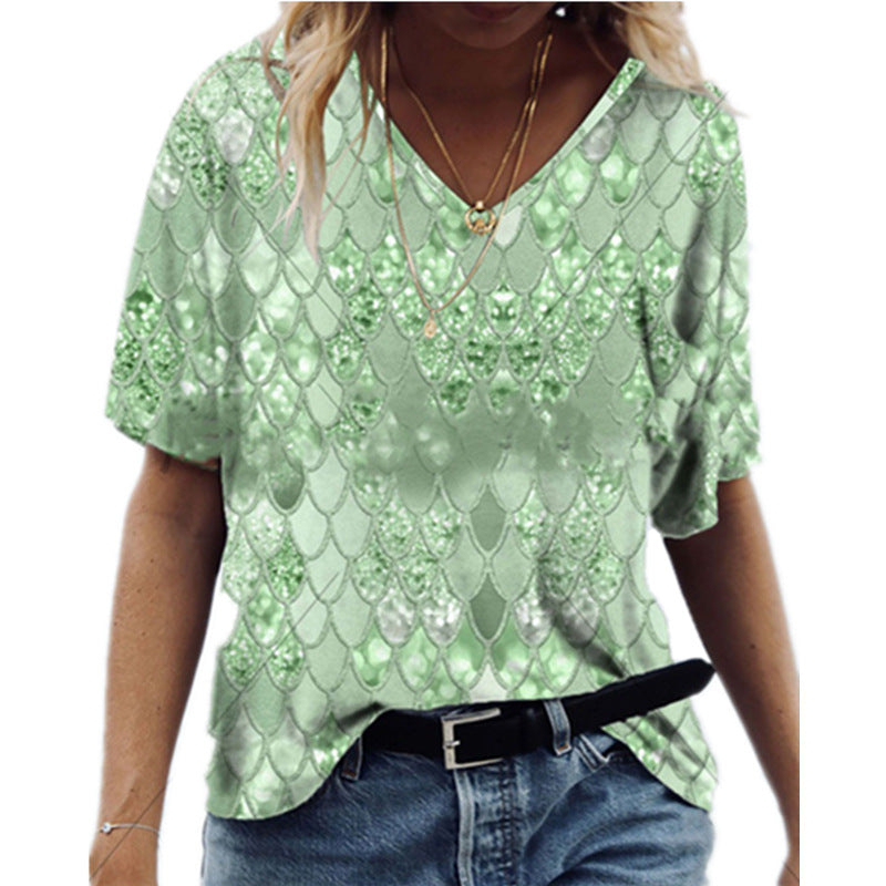 3D Printed Loose V Neck Short Sleeve T Shirt Top