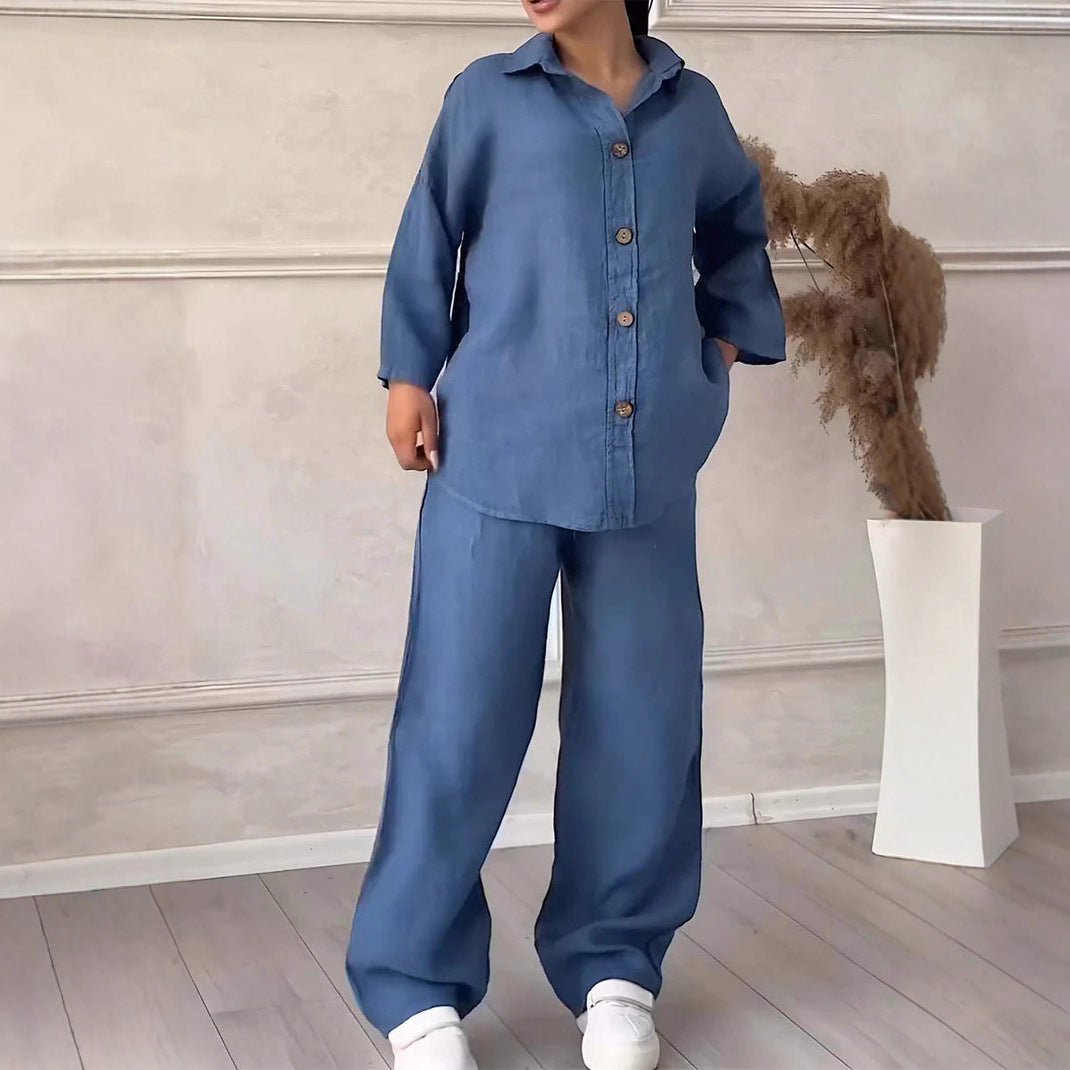 Cotton And Linen Shirt Outfit High Waist Loose Trousers