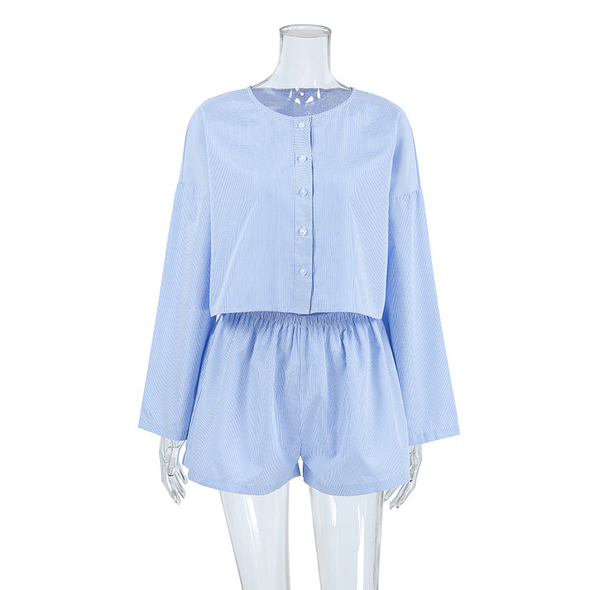 Autumn Winter Plaid Pajama Set Long-Sleeve Cardigan And Shorts Two Pieces