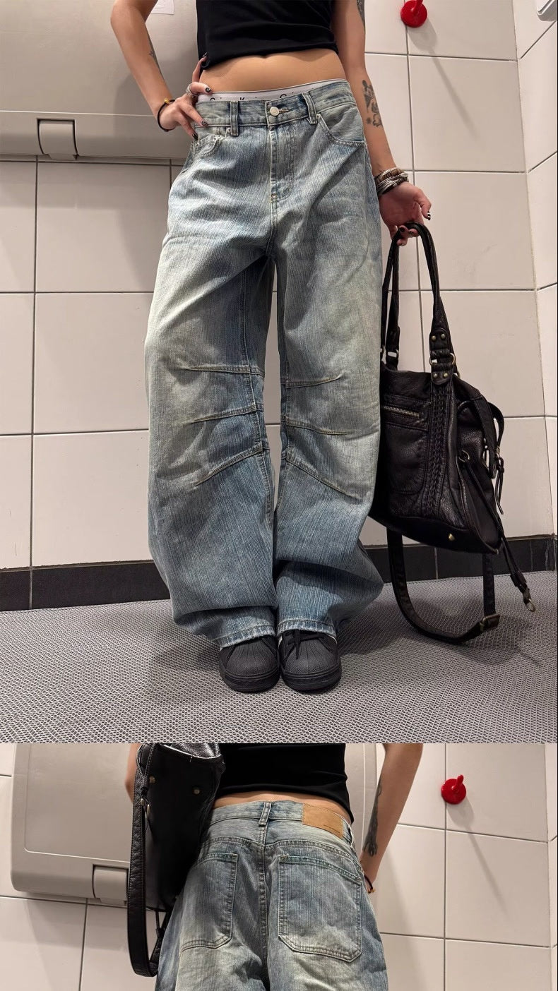 Løse retro denimjeans til kvinder med sildebensmønster og svaj