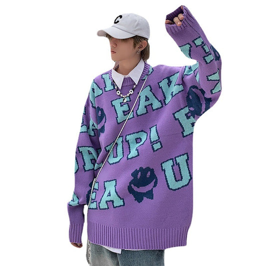 Hong Kong Style Men's Flower Loose Printed Sweater