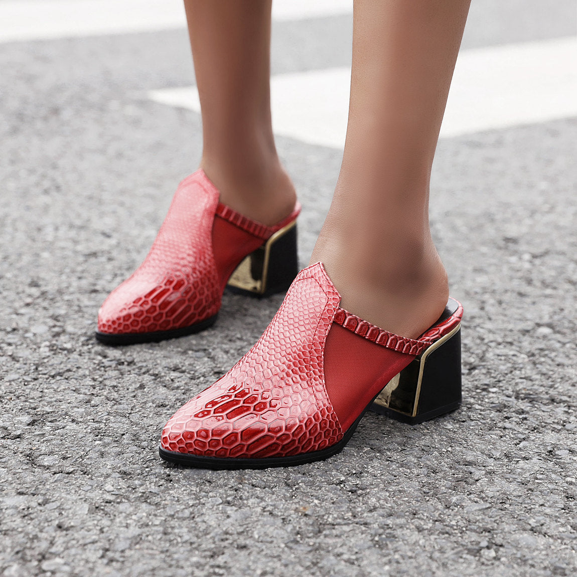 Women's Large Size Snake Print Thick Heel Women's Slippers Outside The Toe