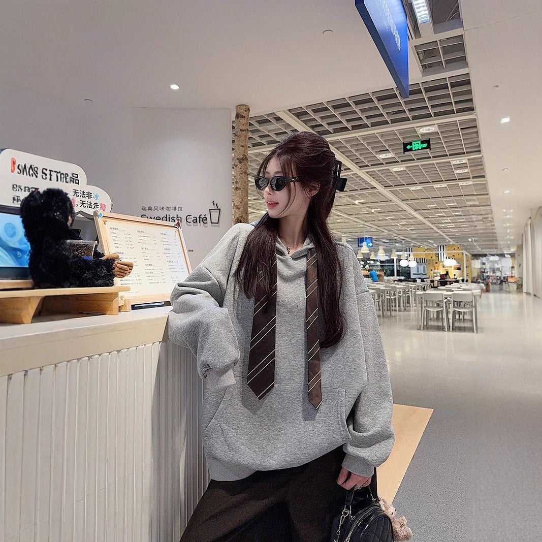 Løs Afslappet Sweatshirt med Hætte og Bindebånd til Kvinder