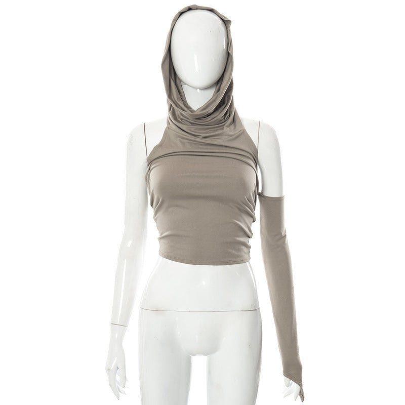 Solid Color Casual One Sleeve Hooded Slim Top