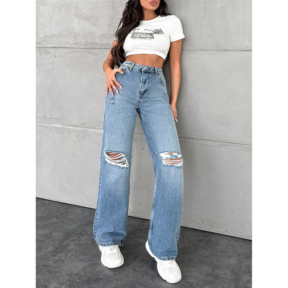 Womens Washed Casual Straight Jeans