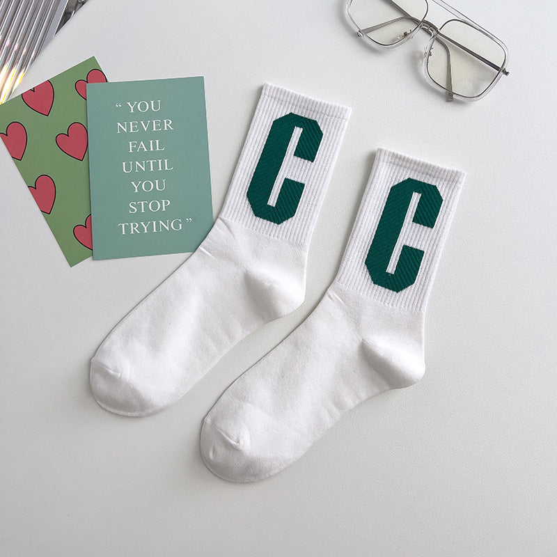 Green Women's Sports Stockings Japanese Big C Letter
