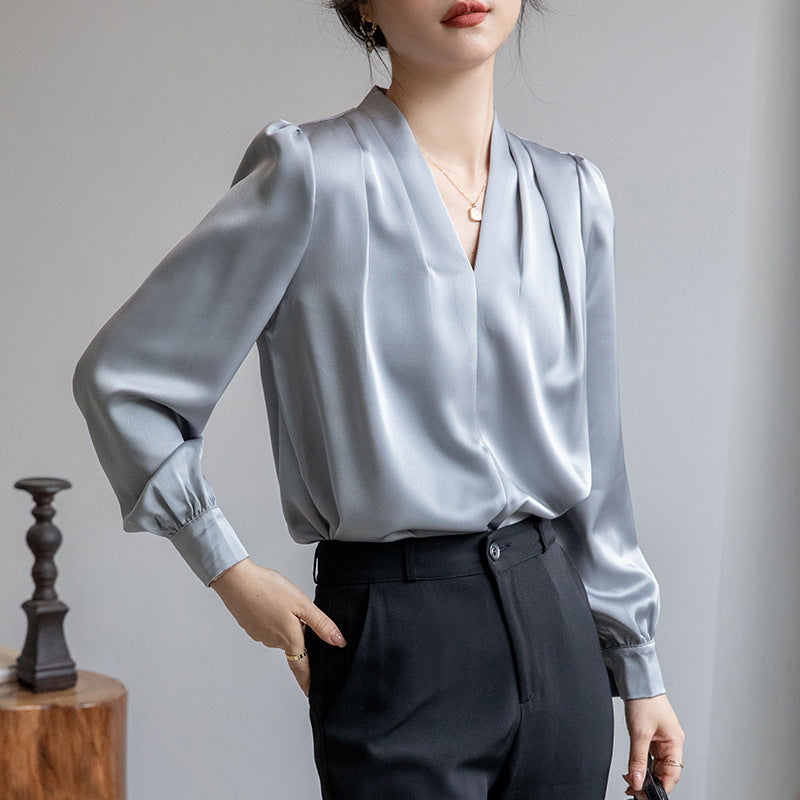 V-hals Skjorte Dame Design Acetat Satin Enkel Elegant Top