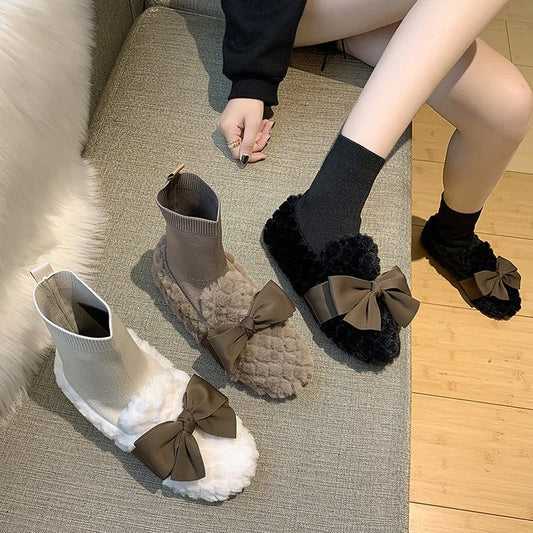 Women's Plush Shoes Autumn And Winter Bow And Velvet