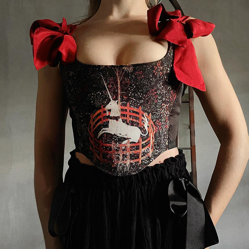 New Pullover Sleeveless Lace-Up Print Crop Corset