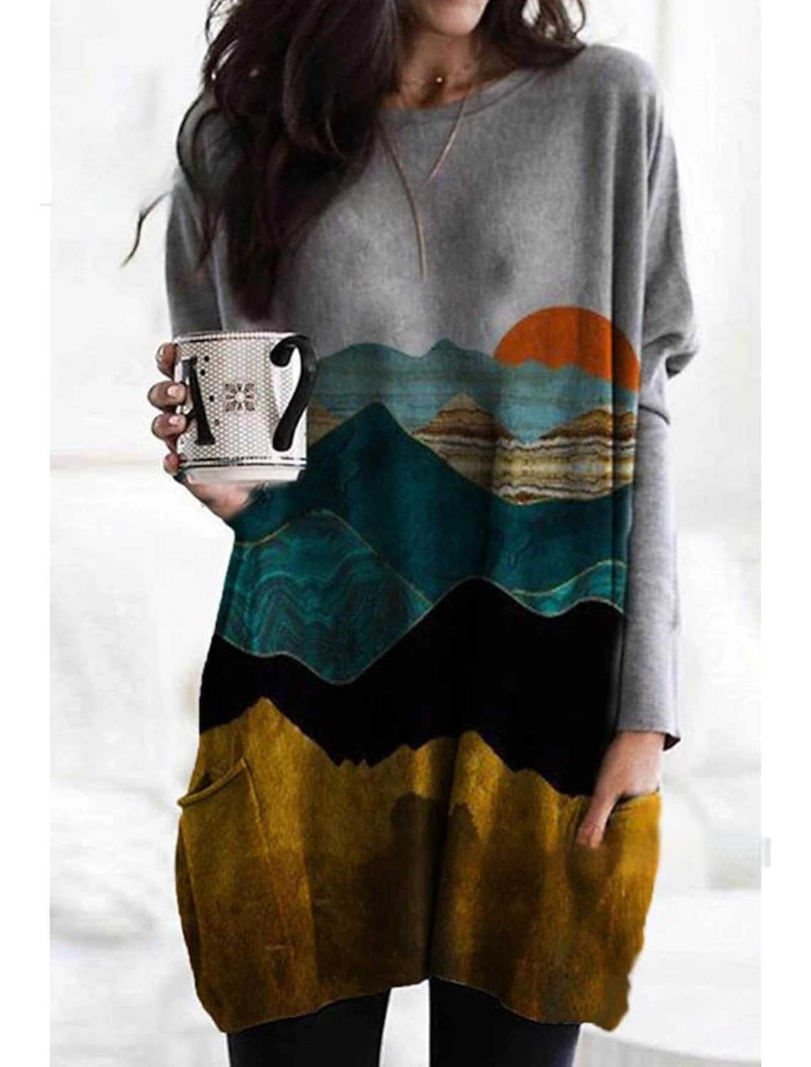 Women's Round Neck Mid-length Long-sleeved T-shirt With Pockets