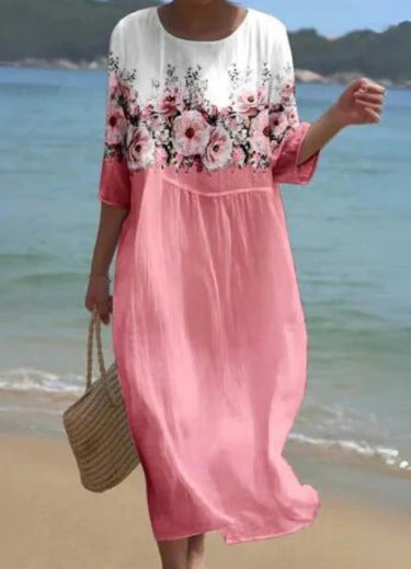 Womens Long Casual Printed Dress With A Crew Neck