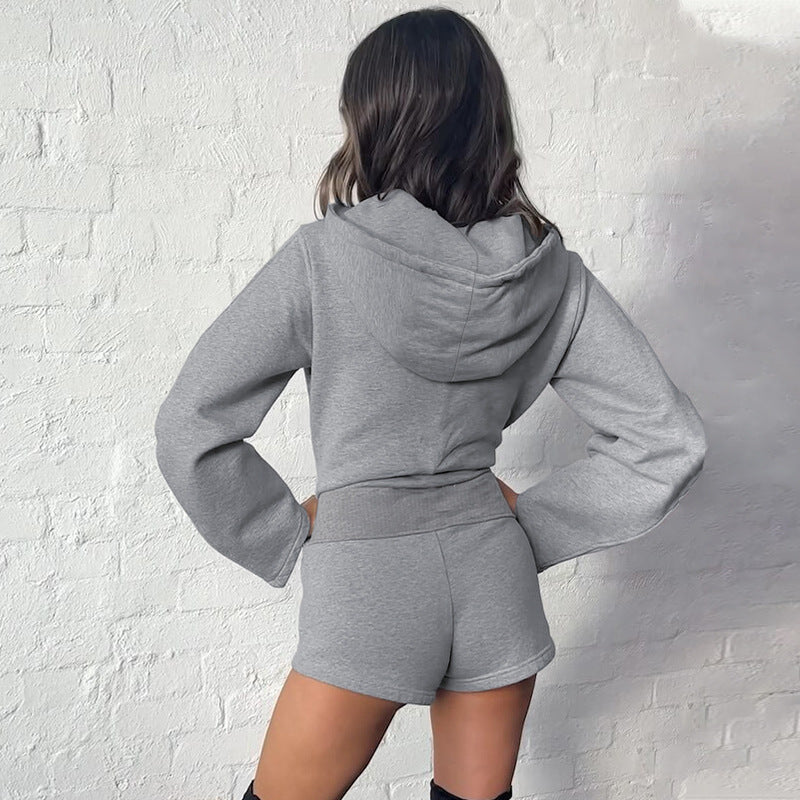Zipper Long Sleeve Hooded Cardigan Coat Top Shorts Two-piece Set