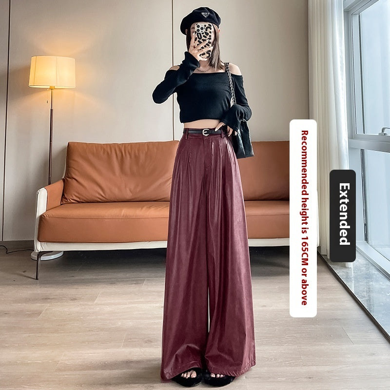 High Waist Loose Straight Slimming Leather Wide-leg Pants Drape Mop Pants
