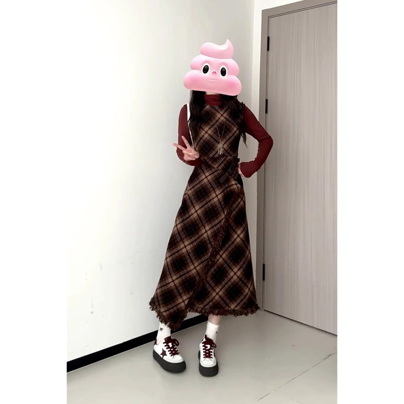 AutumnWinter New Style French-style Sophisticated Red Plaid Dress For Women