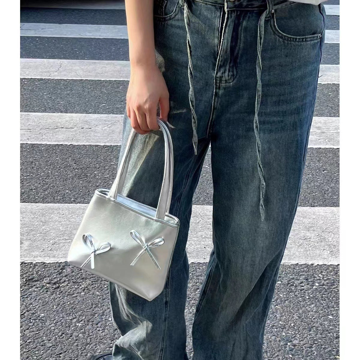 Silver Bag Mini Phone Bag Bow