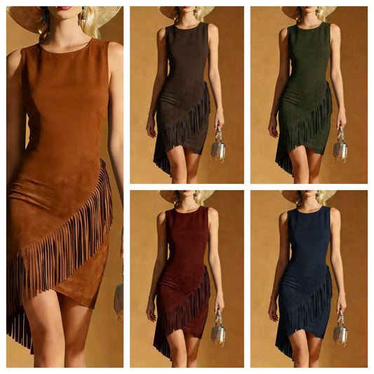 Western Wind Womens Summer Elegant Silk-Satin Texture Tasseled Hem Sleeveless Tank Dress