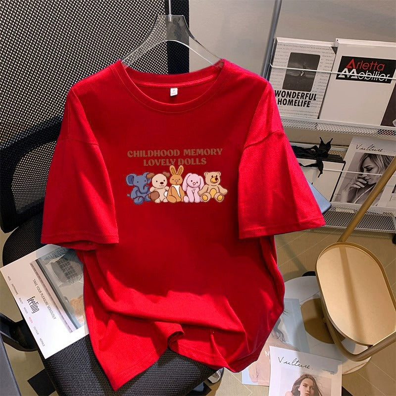 Kortærmet T-shirt i bomuld med tegneserieprint til kvinder