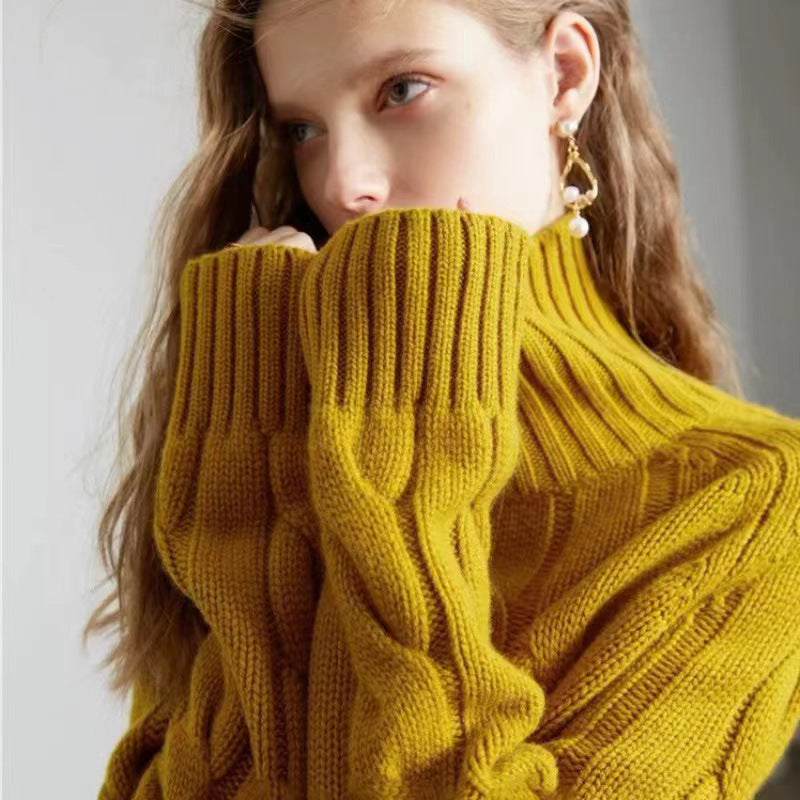 Women's High Neck Thickened Idle Style Pullover Cable-knit Sweater