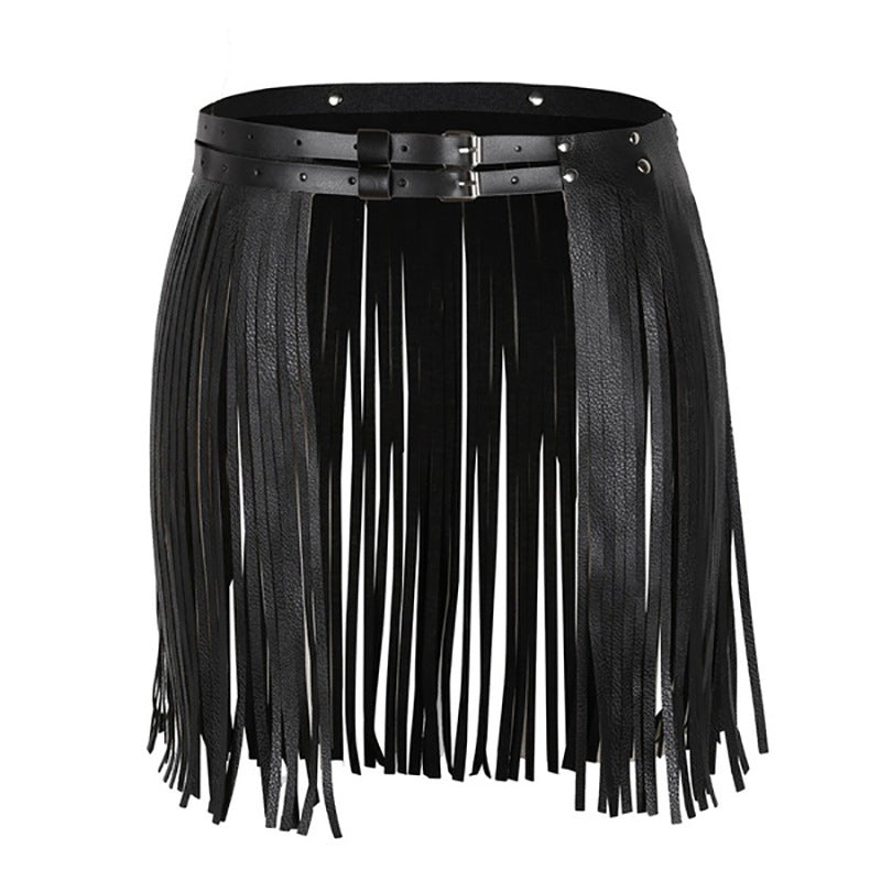 Halloween Performance Costume Adjustable Artificial Leather Belt Tassel Skirt