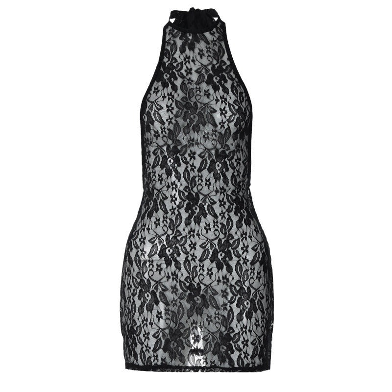 Womens Sexy Backless Lace See-Through Halter Dress