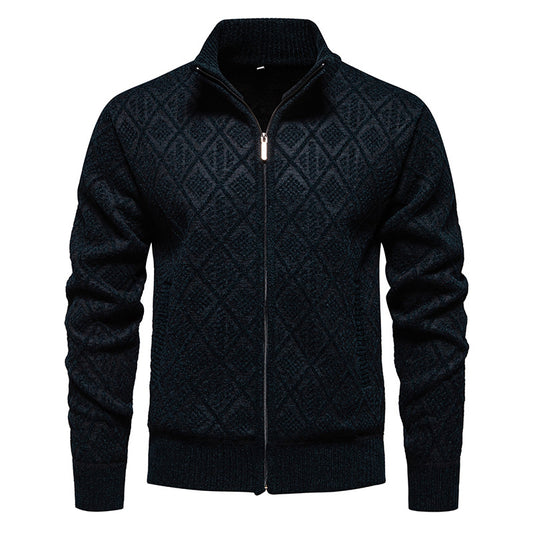 Fall Winter Men Fleece-lined Thickening Stand Collar Sweater Korean Style Casual Zipper Sweater Coat