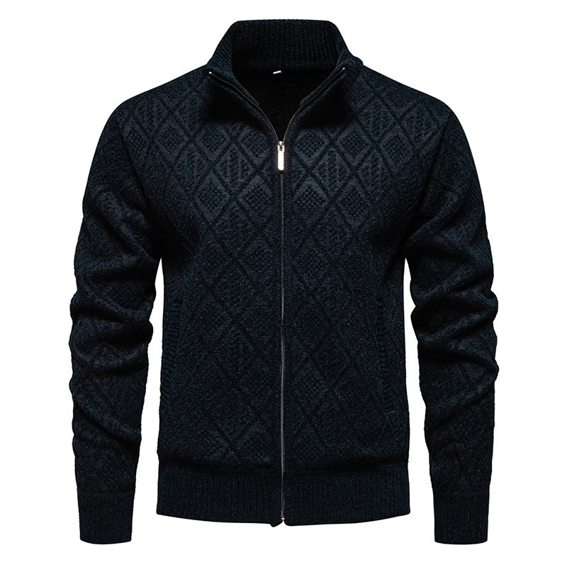 Fall Winter Men Fleece-lined Thickening Stand Collar Sweater Korean Style Casual Zipper Sweater Coat