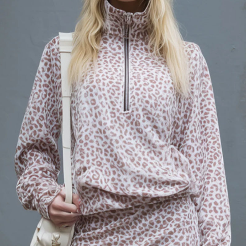 Loose Fitting Leopard Print Stand Collar Zip Up Top And Velvet Skirt Set