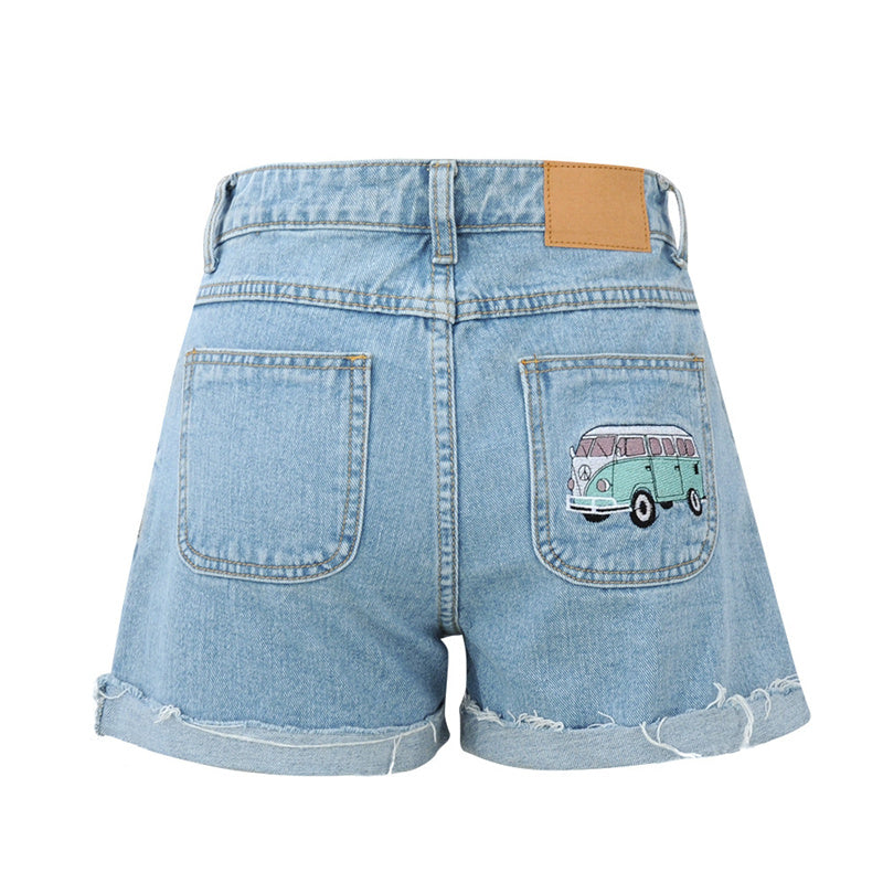 Afslappet Temperament Denim Råkant Høj Talje Vasket Denim Shorts