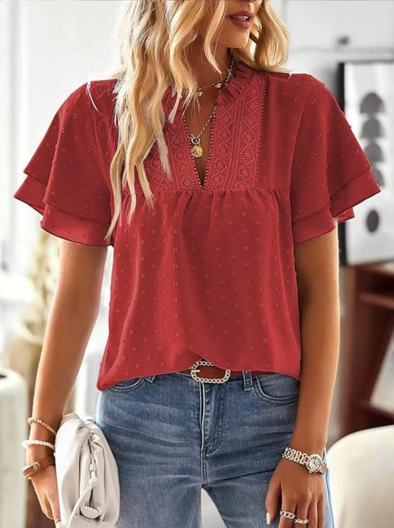 European And American Elegant Resort Style Deep V-Lace Short-Sleeve