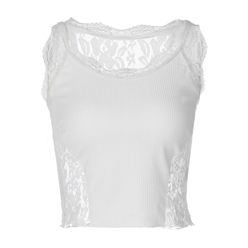 Ins Style Hot Girl Solid Color Stitching Lace Vest
