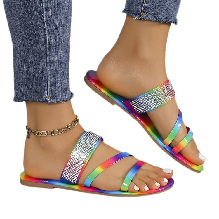 Round Toe Dream Color Rhinestones Flat Slippers
