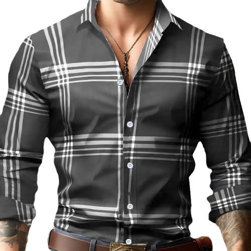 Digital Printing Striped Plaid Men's Long Sleeve Shirt