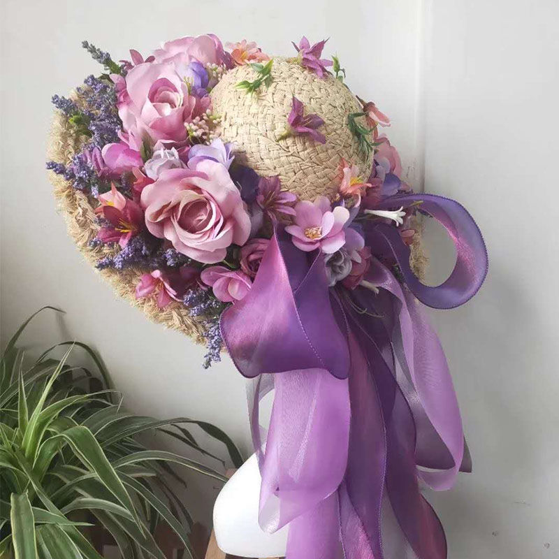 Ladies Fashion Raffia Purple Flower Straw Hat