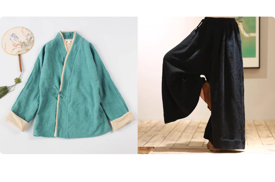 Lapel-button Tang-style Cotton-linen Modified Hanfu Tea-wearing Outfit Womens Zen Meditation Attire
