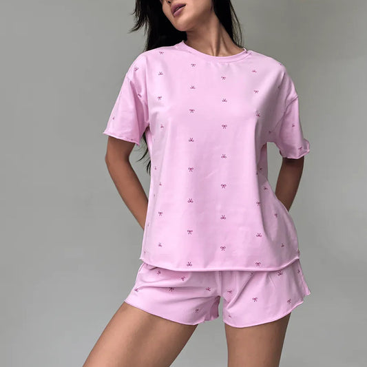 Womens Casual Set Loose And Comfortable Short-Sleeve Top And ShortsPerfect For Home Lounging Or Sleepwear