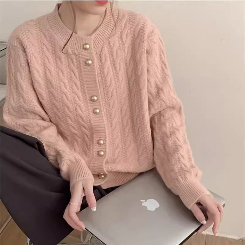 Twist Round Neck Pearl Buckle Soft And Comfortable Versatile Sweater Coat