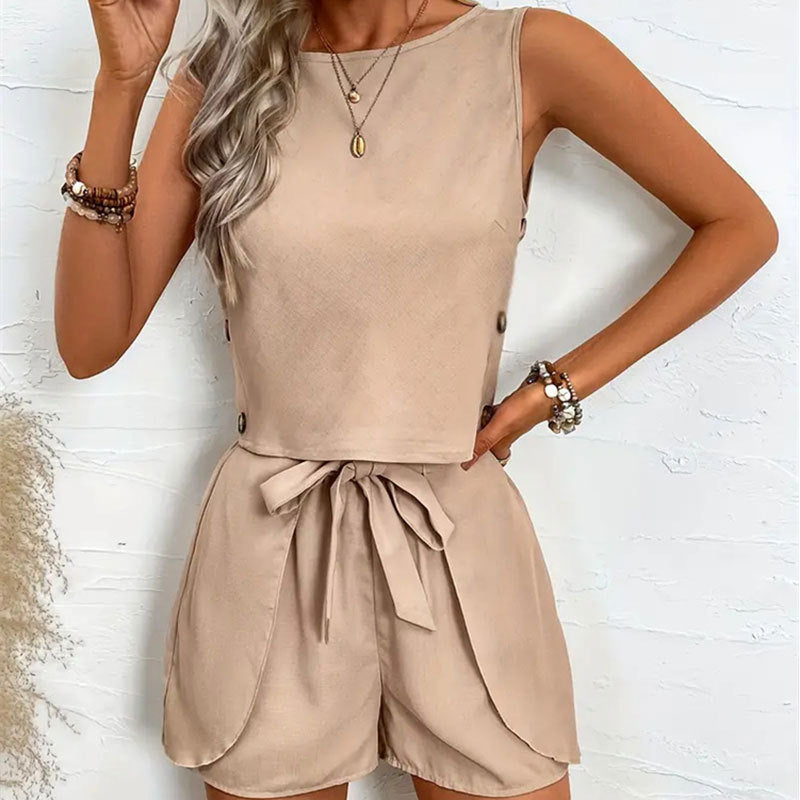 Womens Outerwear Two-Piece Set Solid-Color Button-Embellished Pants And Top For Women