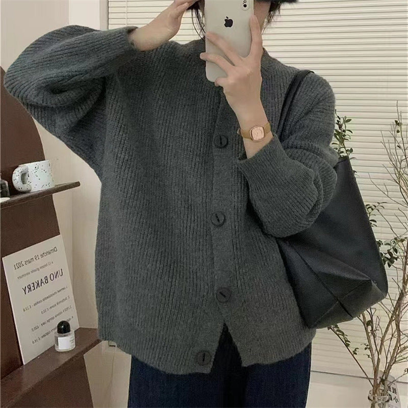 Korean Style Lazy Style Solid Color Single-breasted Knitted Cardigan