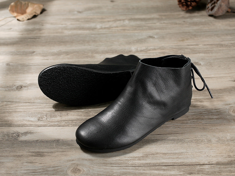 Handmade Leather Short Boots Women's Soft Leather Temperament Nude Boots Retro Flat-bottomed Plus Velvet Women's Boots