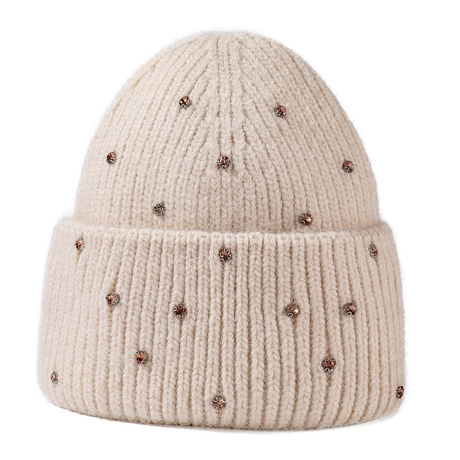 Exquisite Rhinestone Angola Rabbit Fur Hat Thickened Elastic Knitted Hat