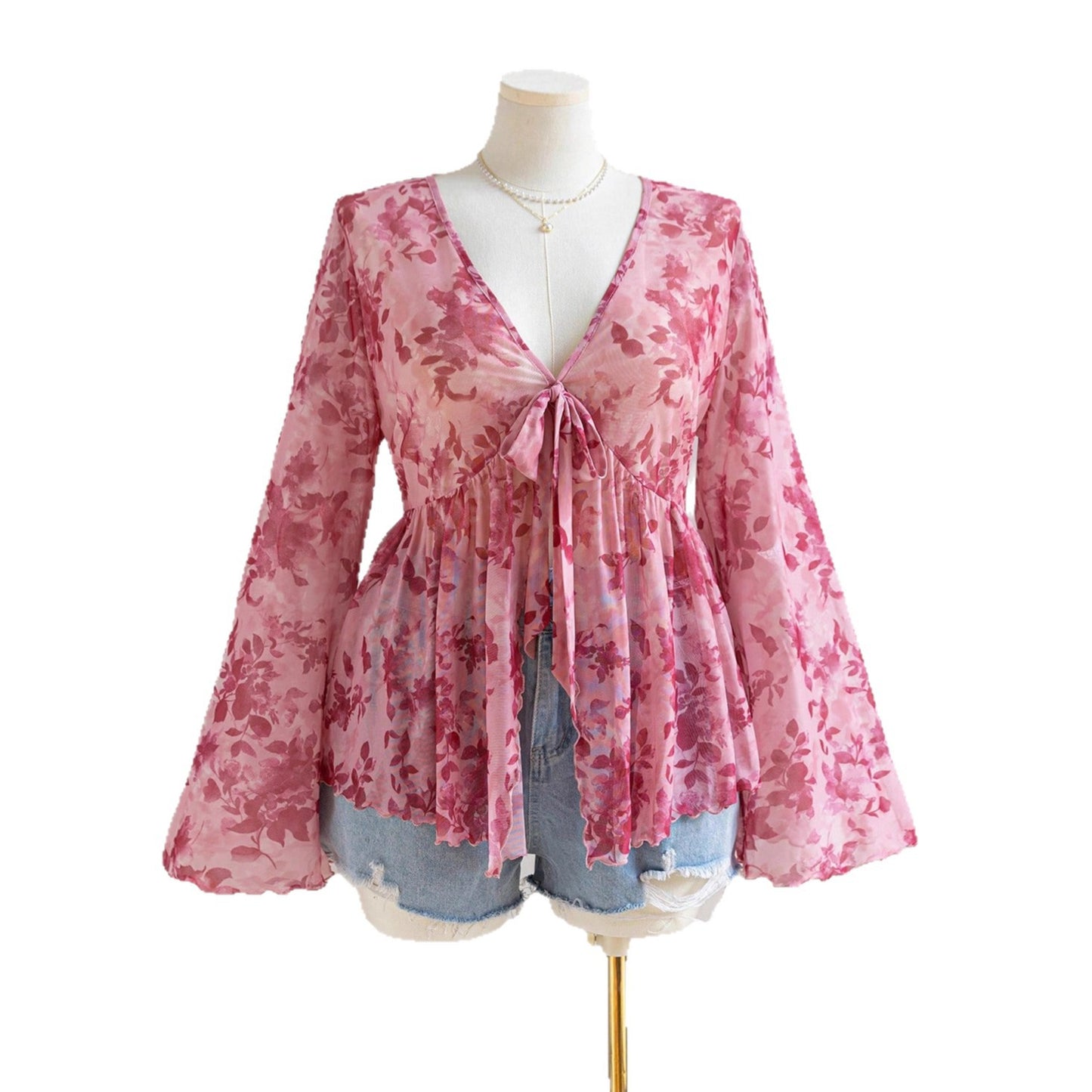 V-hals Mesh Print Ferie Stil Top til Kvinder