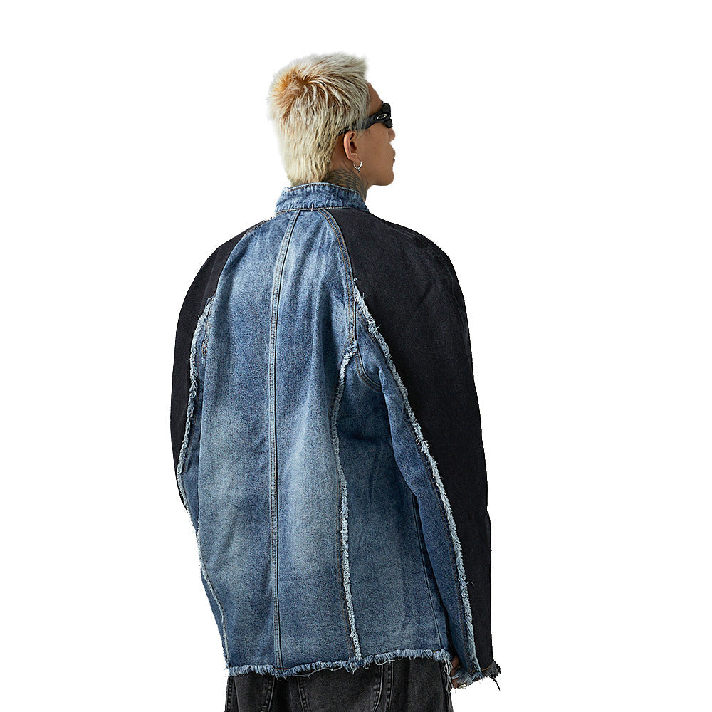 Heavy Industry Distressed Cat Raw-cut Edges Color Matching Machete Sleeve Wash Stand Collar Denim Coat