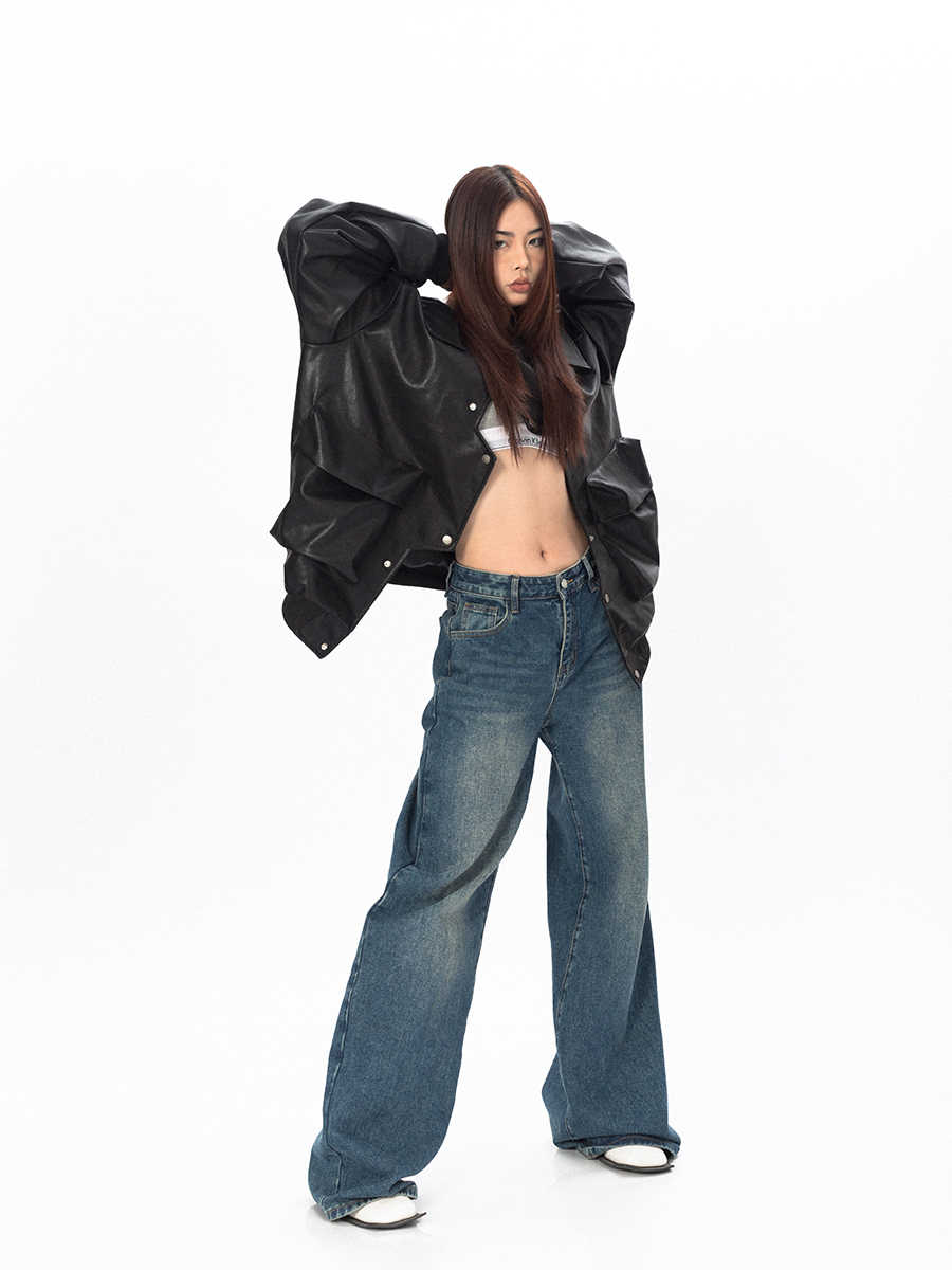 Three-dimensional Pocket Irregular Placket Leather Coat Loose Top