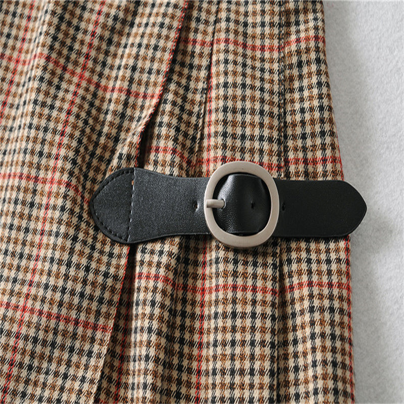 Retro Plaid Pleated Skirt Belt Buckle Learning Skirt