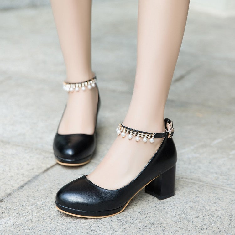 Fashion New Sweet Pearl Buckle Chunky Heel Women's Shoes