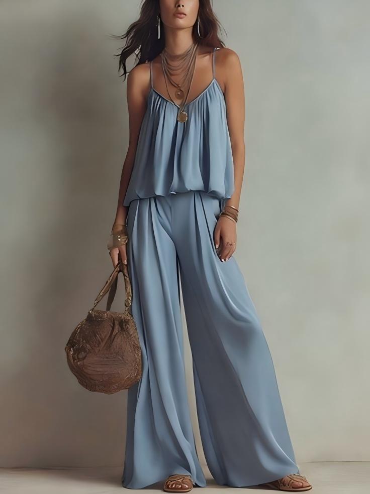 French-style Minimalist Slip Top And Wide-leg Pants Two-piece Set For Women