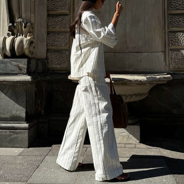 Three-quarter Sleeve Cardigan Top And Loose Wide-leg Pants Two-piece Set
