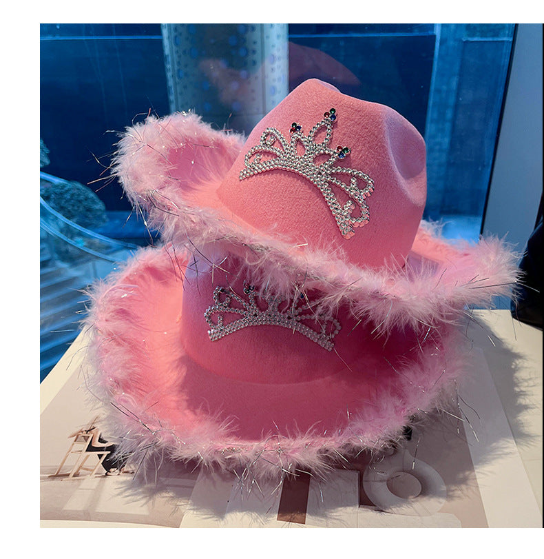 Western Denim Big Brim Sun-proof Rhinestone Crown Fedora Hat