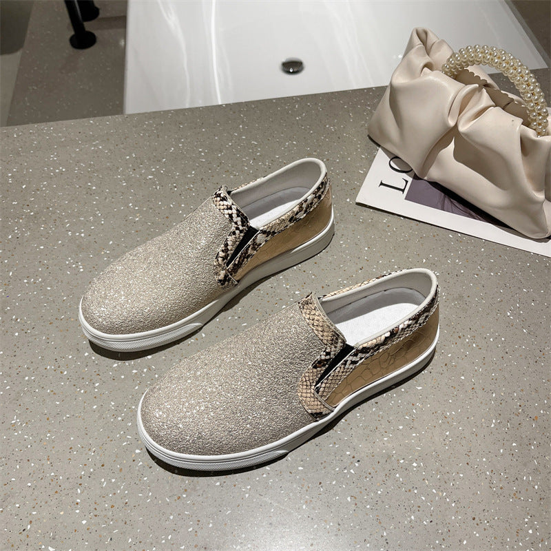 Flat Bottom Snake Pattern Pumps Female Sequins Round Toe Board Shoes