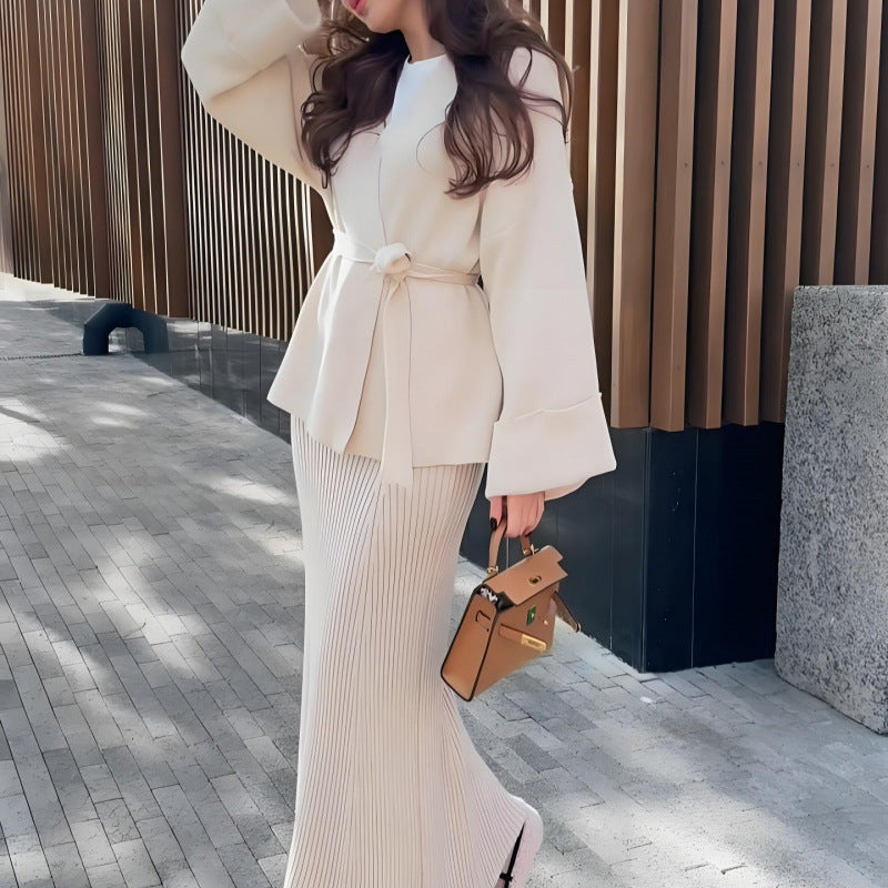 V-neck Tie-front Wide-sleeve High-waisted Skirt Set With An Elegant Vibe